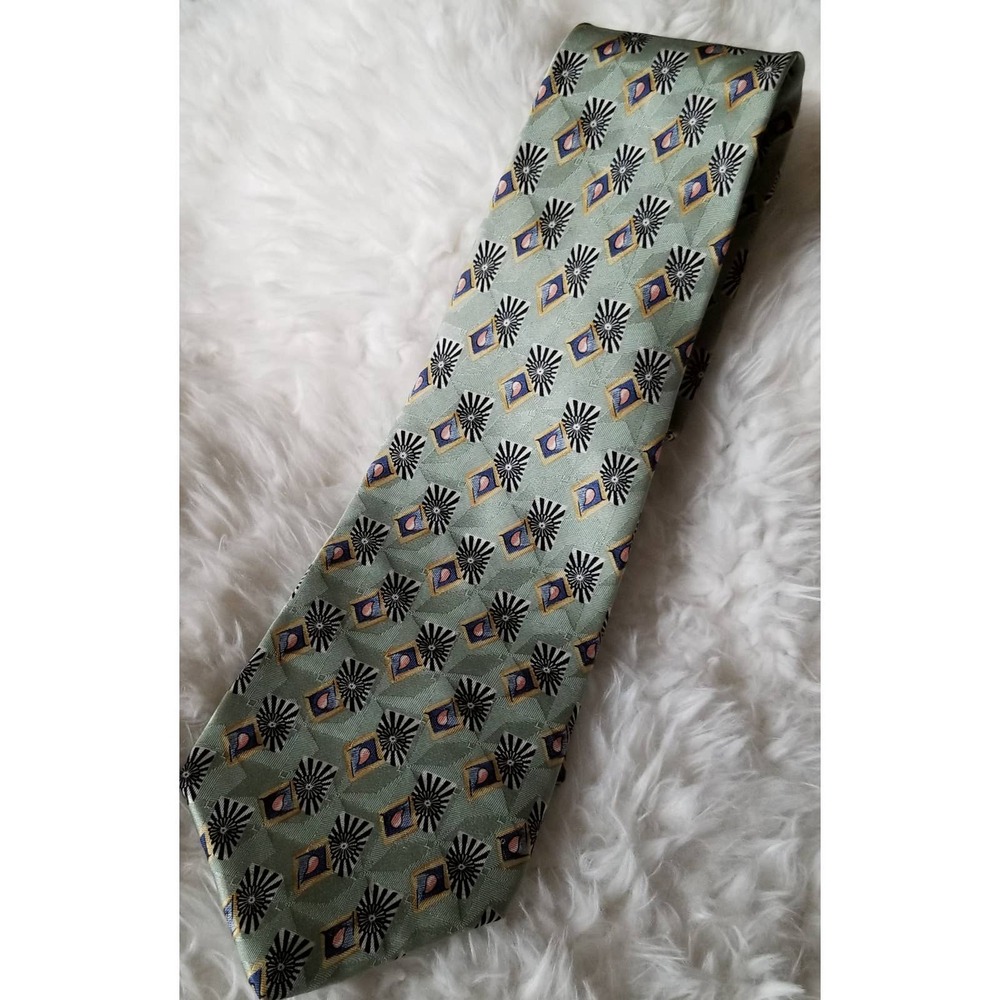 Vtg 90s mens silk tie Alexander Lloyd mint green geometric extra long 65 length